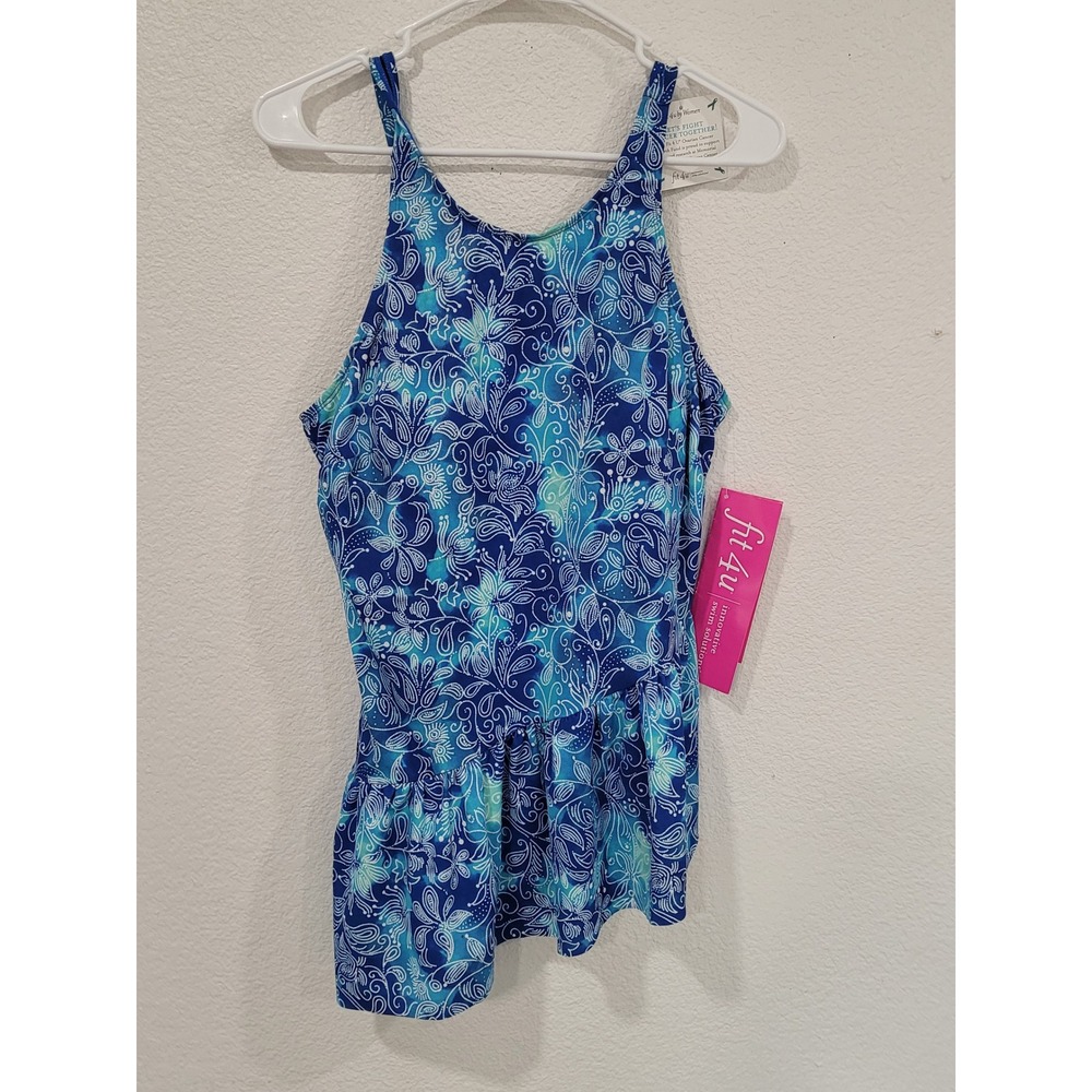 Fit 4 U Sizzle-Hi Nk Diag Ruf 2 Piece Swimsuit Size 16 Blue Paisley #19